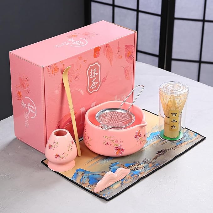 Matcha Set 7-Piece matcha whisk set，matcha kit,matcha set, 1 Scoops, Strainer,1 matcha whisk ，macha whisk set (pink)