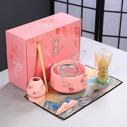Matcha Set 7-Piece matcha whisk set，matcha kit,matcha set, 1 Scoops, Strainer,1 matcha whisk ，macha whisk set (pink)