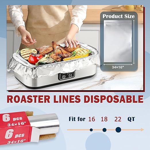 6 Foil Electric Roaster Liners, Disposable, Roaster Liners Fits 16, 18, and 20 Quart Electric Griddles, Ideal for Roasting Meats and Poultry, Food Grade Aluminum Foil, Instant Clean Up
