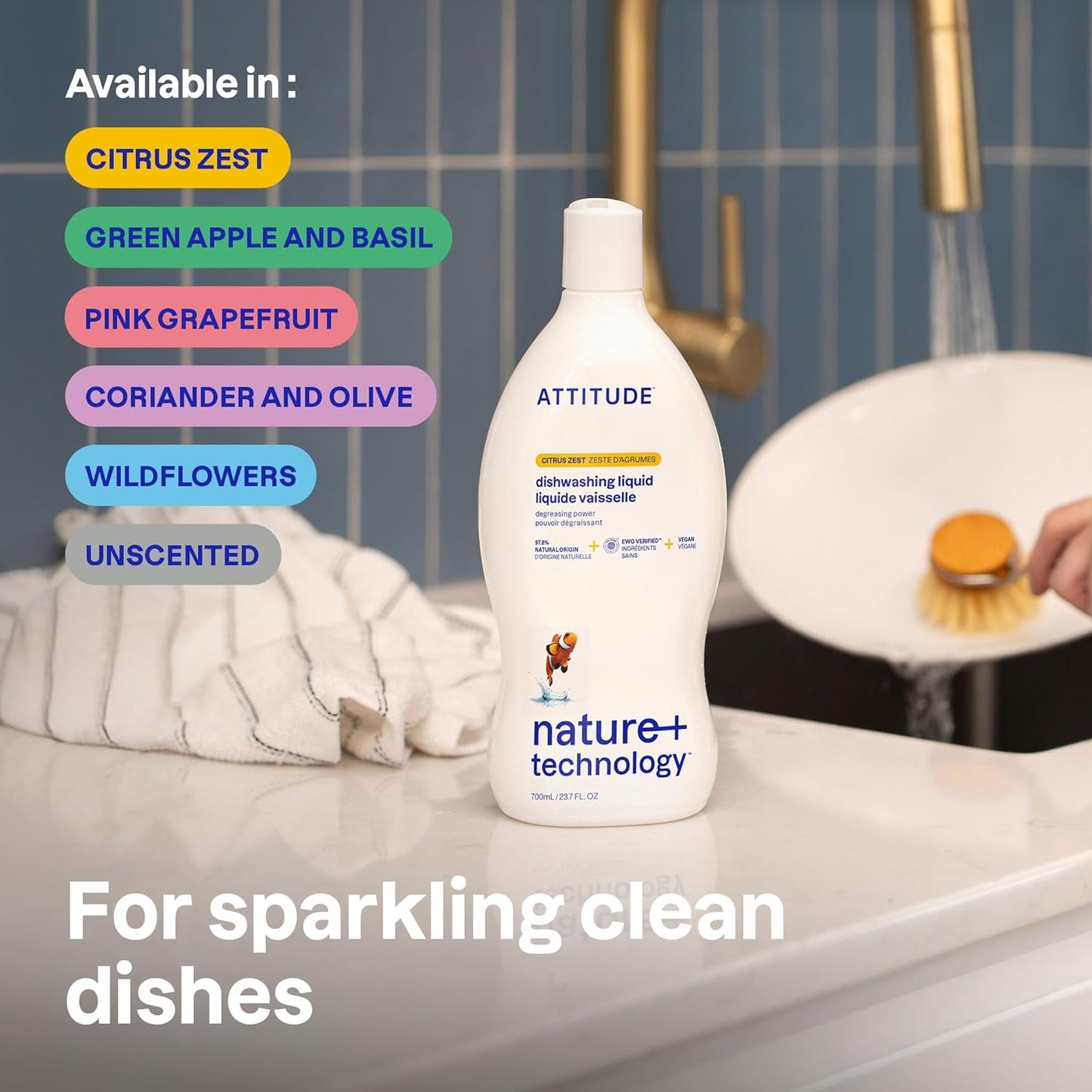 ATTITUDE Dish Soap, EWG Verified, Plant-Based & Vegan Dishwashing Liquid, Naturally Derived, Unscented, 23.7 Fl Oz