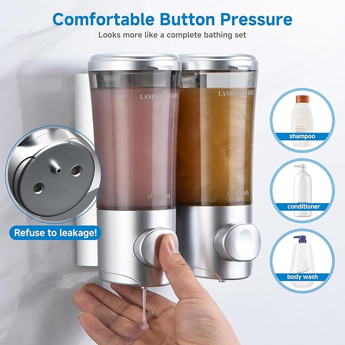 Shampoo and Conditioner Dispenser, Shower Soap Dispenser 2 Chamber No Drill Wall Mounted Shampoo Dispenser Shower Dispenser for Bathroom Hotel Large Capacity,Silver