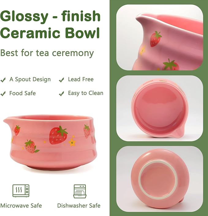 Pink Matcha Set Whisk And Ceremony Bowl, 5 Pcs Ceramic Traditional Matcha Making Kit Gift Set For Women Friends Tea Lover