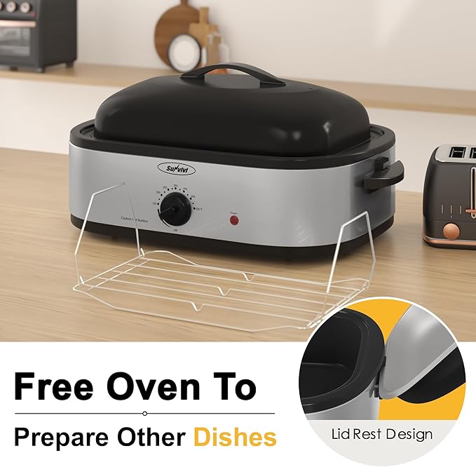 14-Quart Electric Roaster Oven with Self-Basting Lid, Turkey Roaster Oven with Rack, Stainless Steel, Silver, 14 QT