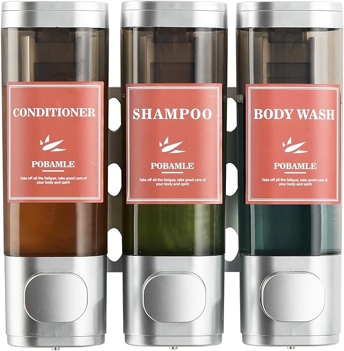 Shampoo and Conditioner Dispenser Wall Mounted Shower Soap Dispenser No Drill Shampoo Dispenser for Shower 3 Chamber Bathroom Body Wash Shower Gel Holder Sliver
