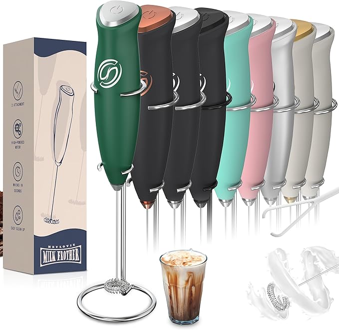 Milk Frother With Stand Milk Frother Wand Coffee Frother Handheld Drink Mixer Handheld with 2 Whisks Electric Whisk Stirrers Electric Milk Frother for Coffee Mixer Wand Milk Foamer-Green