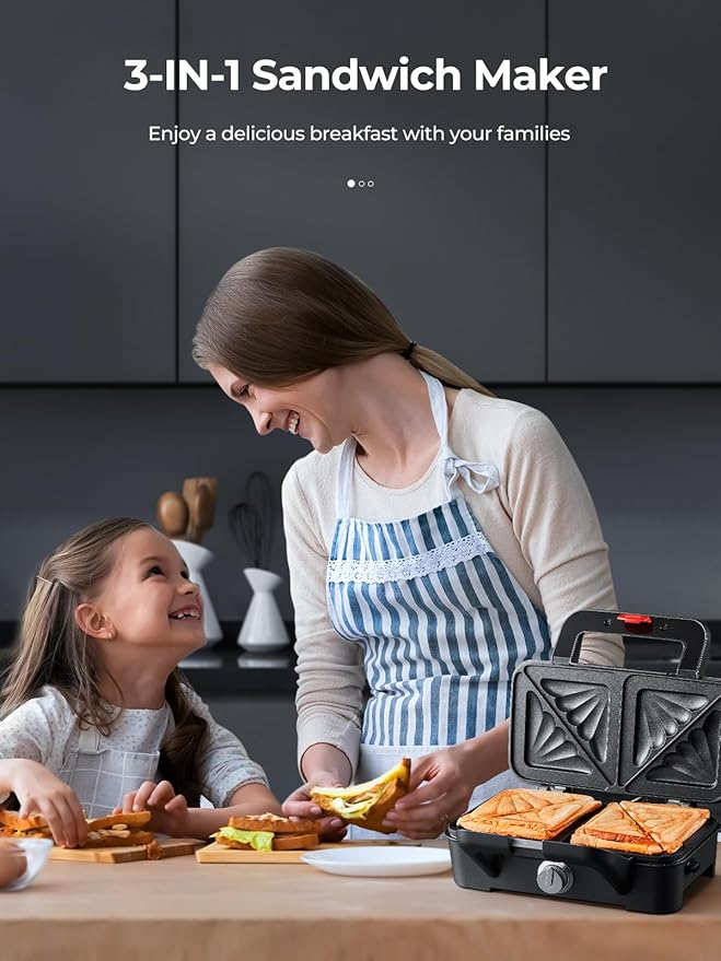 3 in 1 Sandwich Maker, Waffle Maker with Removables Plates, Panini Press Waffle Iron Set with 5-gear Temperature Control, Non-stick Coating Cool Touch Handle Anti-skid Feet for Breakfast, 1200W