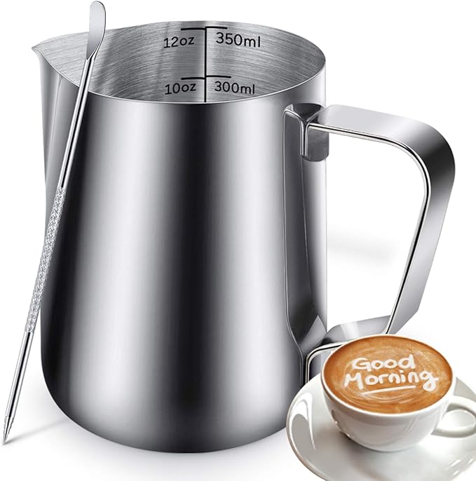 12oz Milk Frothing Pitcher, Stainless Steel Espresso Latte Steaming Pitcher, Milk Frother for Coffee Cappuccino With Latte Art Pen - Barista Tools and Espresso Machine Accessories
