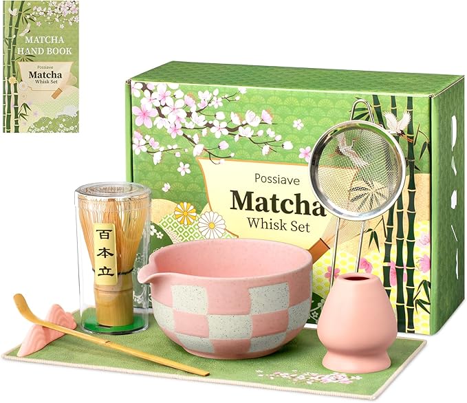 Matcha Whisk Set Gift Box - Pink Matcha Set with Whisk and Bowl, 7 Pcs Matcha Kit Includes Ceramic Matcha Bowl, Bamboo Whisk & Holder, Scoop & Rest, Sifter and Tea Towel, Complete Matcha Making Kit