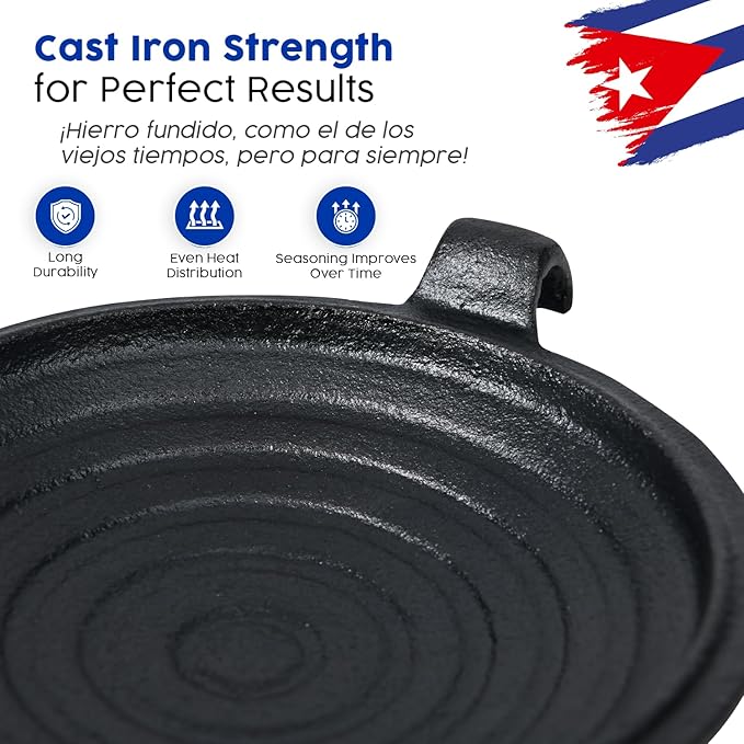 Original Disquera de Pan Cubano Redondo – Set of 2 Cast Iron Cuban Sandwich Presses – Traditional Discos Voladores Maker – 15” with Wooden Handles
