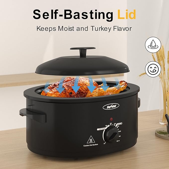 Roaster Oven with Self-Basting Lid, Electric Turkey Roaster Oven with Removable Pan and Rack, Stainless Steel, Black, 8 QT