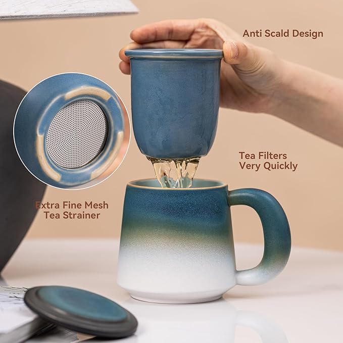 Tea Cup with Infuser and Lid 16oz - Kiln-Transformed Ceramic Mug with Blue-White Gradient, Large Grip Handle Loose Leaf Tea Set, Anniversary Birthday Gift