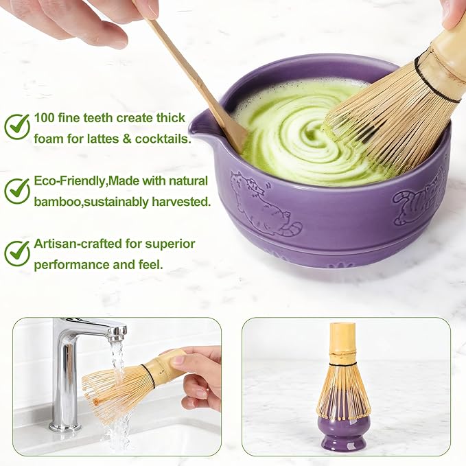 7Pcs Matcha Whisk Set,Ceramic Matcha Tea Set Includes Whisk Matcha Bowl Scoop and Whisk with Holder Sifter Towel,Elegant Matcha Kit Gift for Matcha Enthusiasts and Tea Lovers(Purple)