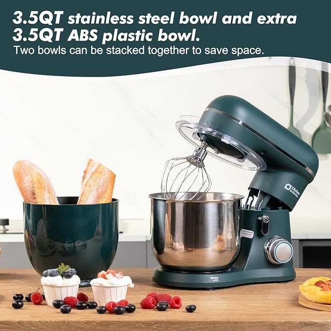 Kitchen in the Box Stand Mixer, 3.5QT Two Bowls Small Kitchen Electric Mixer, 10-Speed Portable Lightweight with Matte Finish, Egg Whisk, Dough Hook, Beater (Turquoise Green, 3.5QT)