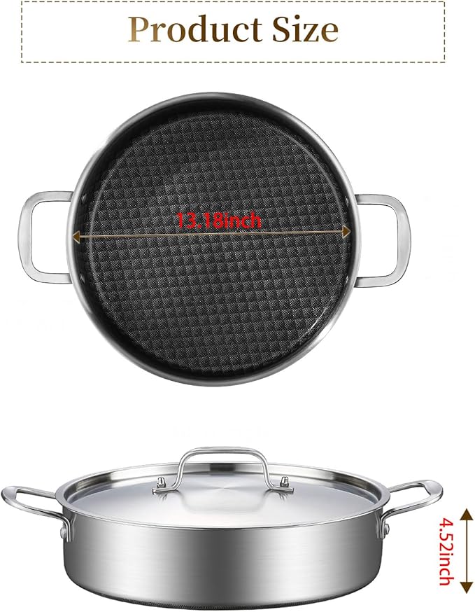 DELARLO 8Quart Tri-Ply Stainless Steel Non Stick Braiser Pan with Lid,13inch Deep Frying Pan,Large Skillet,Jumbo Cooker,Induction Compatible,Heavy Duty and Oven Safe.
