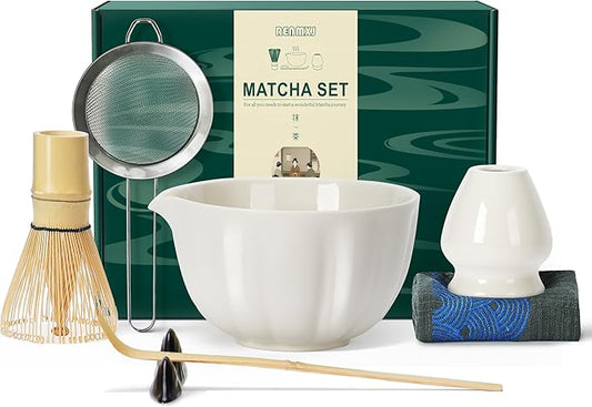 Matcha Whisk Set,7 PCS Ceramic Matcha Kit Includes Matcha Bowl with Spout, Matcha Whisk and Holder, Bamboo Scoop, Stainless Sifter, Tea Towel, Unique Gift for Matcha Lovers (White)