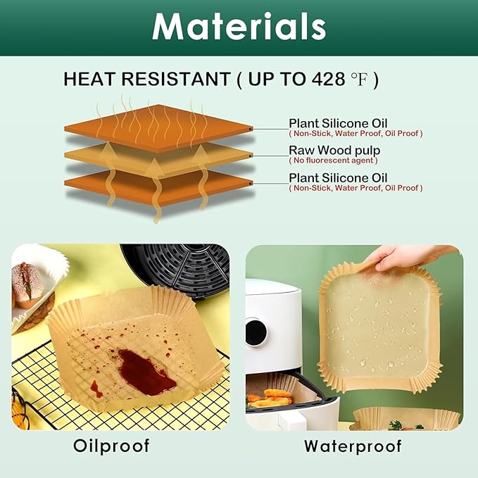 Vailnd Air Fryer Liners Disposable, 305 PCS 8" Square Unbleached Air Fryer Paper Liners, Heavy-Duty Air Fryer Liners for 5-8 QT Basket, Non-stick & Oil-Proof Parchment Paper for Oven, Pan