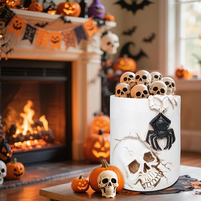 Halloween Large Witch Cauldron Bucket 11.72" White Candy Pot with Skull Spider Resin Halloween Candy Bucket Indoor Decorations for Table Decor Trick or Treat Party Supplies Witch Kettle