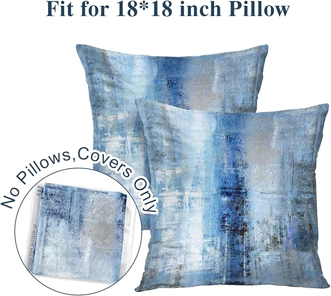 Blue and Grey Abstract Art Artwork Pillow Cover, Gallery Modern Decorative Throw Pillows Cushion Cover for Bedroom Sofa Living Room 18 x 18 Inch Set of 2