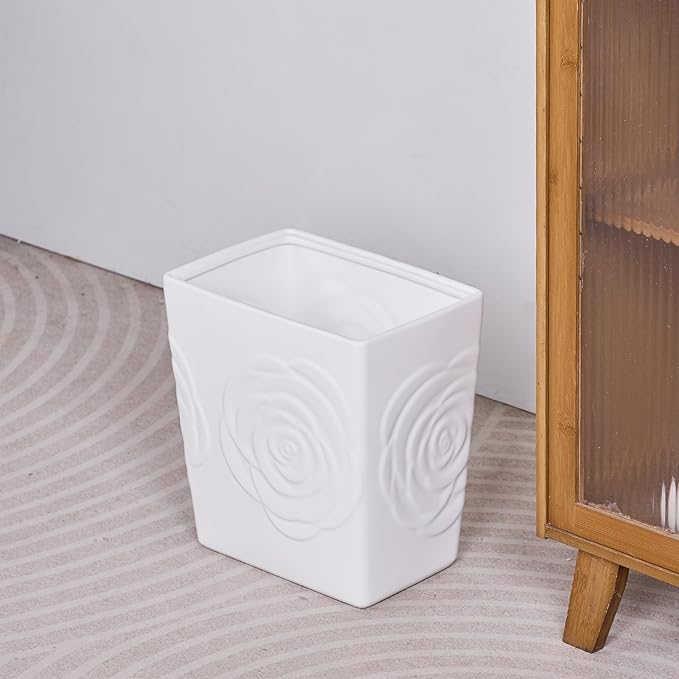 White Ceramic Rose Small Bathroom Trash Can 2.5 Gal (9 Liter), Heavy Small Kitchen Garbage Bin, Living Room Bedroom Corner Trash Can, Decorative Wastebasket for Outdoor Garden, Home Office,Hotel Motel