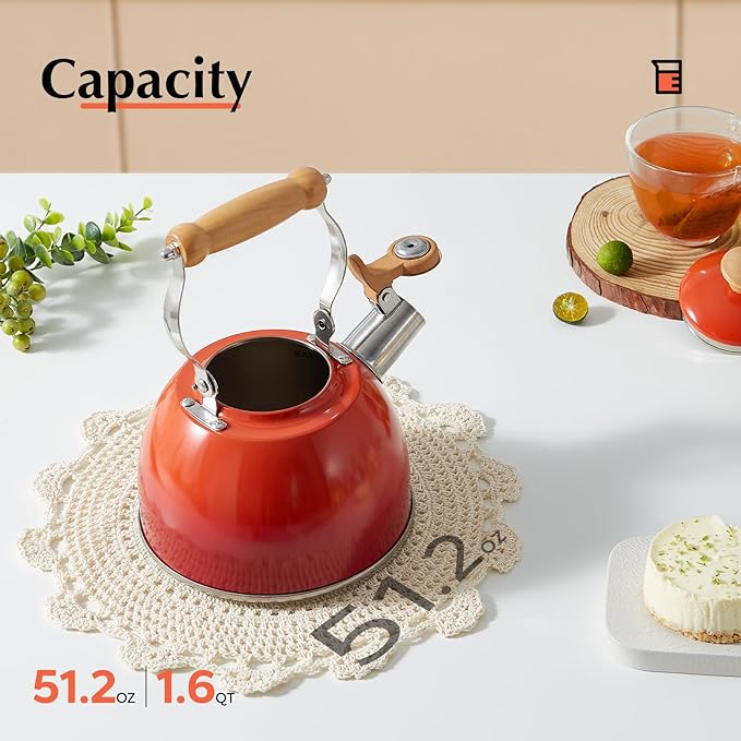 ROCKURWOK Tea Kettle, Tea Pot with Cool Touch Ergonomic Handle, Teapot Food Grade Stainless Steel, Tea Kettle Stovetop, Kettle Teapot, Whistling Tea Kettle, Small Tea Pot, 1.6 Quart (Red)