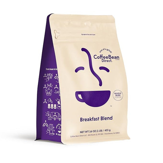 Coffee Bean Direct Breakfast Blend, Whole Bean Coffee, Mild and Mellow, Mixed Roast Level, 1 Pound Bag (Pack of 1)