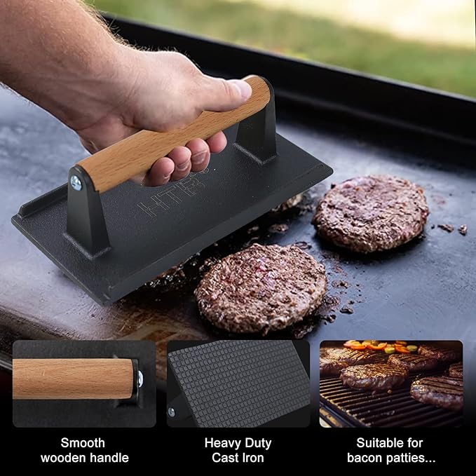 HTB Heavy-Duty Cast Iron Barbecue Press, Wood Handle Meat Steak Smash for Juicy Crispy Burgers on BBQ, Griddle, Camping Rectangle (Checked Pattern 088S)