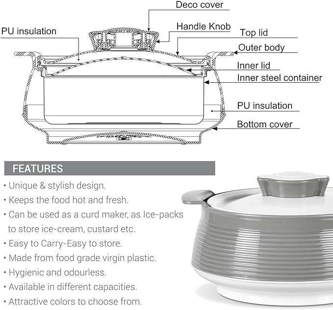 Milton Casserole for Hot Food, Double Walled Insulated Inner Stainless Steel Hot Pot with Lid, Serving box for Food and Roti, Serving Bowl, Set of 3 (Size 62, 45, 28 oz) Venice, Grey
