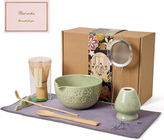 Matcha Whisk Set - Traditional Bamboo Chasen with Bowl, Complete Matcha Tea Making Kit & Starter Tools for Authentic Japanese Ceremony (Mottled Green01, 8pcs/set,Bowl entry-level Set)
