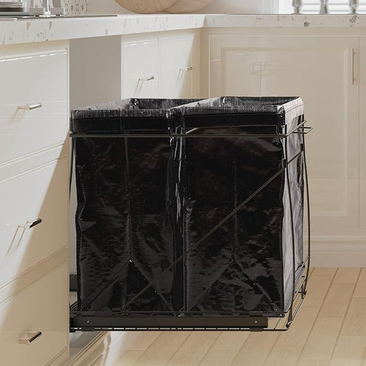 Pull-Out Trash Can for Kitchen Cabinet, Double 13 Gallon Tilt Out Garbage Bins with Soft-Close Slides, Under Sink Stainless Steel Shelf, Easy Installation, Heavy Duty Bags Included (Black)