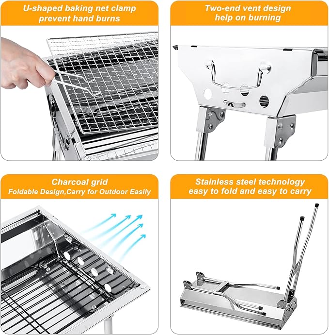 Uten Barbecue Grill, Stainless Steel BBQ, Large Folding Portable BBQ Grill, Charcoal Grill for Outdoor Cooking Camping Hiking Picnics