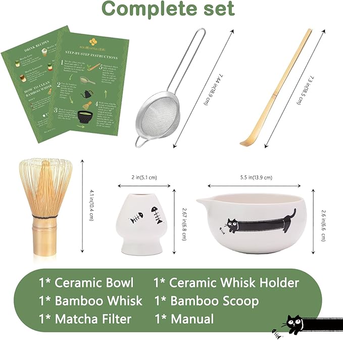 Matcha Whisk Set, Cute Japanese Matcha set Preparation Gift Kit Including Ceramic Bowl and Whisk Holder, Bamboo Scoop, Gift Box