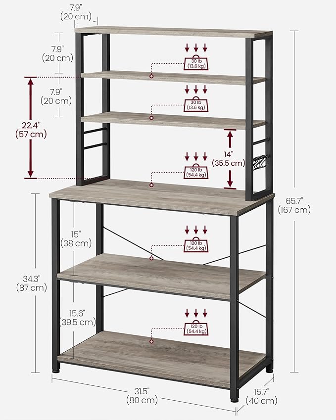 VASAGLE Coffee Bar, 31.5 Inches Baker's Rack for Kitchen with Storage, 6-Tier Kitchen Shelves with 6 Hooks, Microwave Stand, Industrial, Greige and Black UKKS019B02
