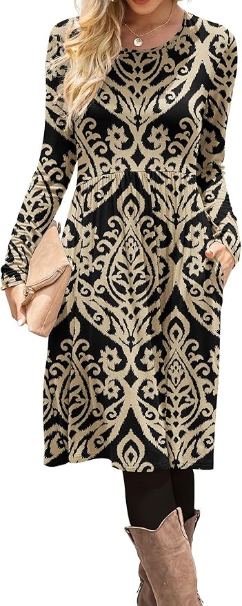 DB MOON Women Casual Long Sleeve Dresses Empire Waist Knee Length Loose Dress with Pockets