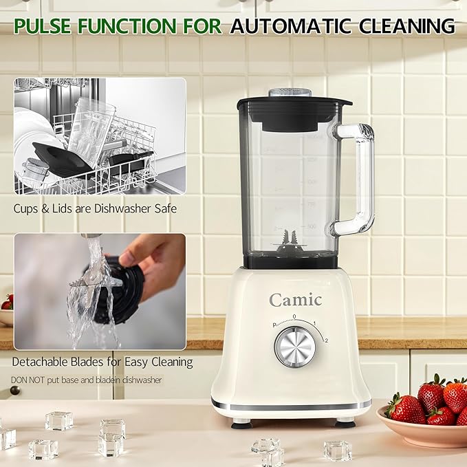 Camic 750W Professional Blender,6-Cup Glass Jar Blender for Smoothies and Shakes with 6 Sharp Stainless Steel Blades,Ice Crush Function,for Juice,Puree, Soup(White)