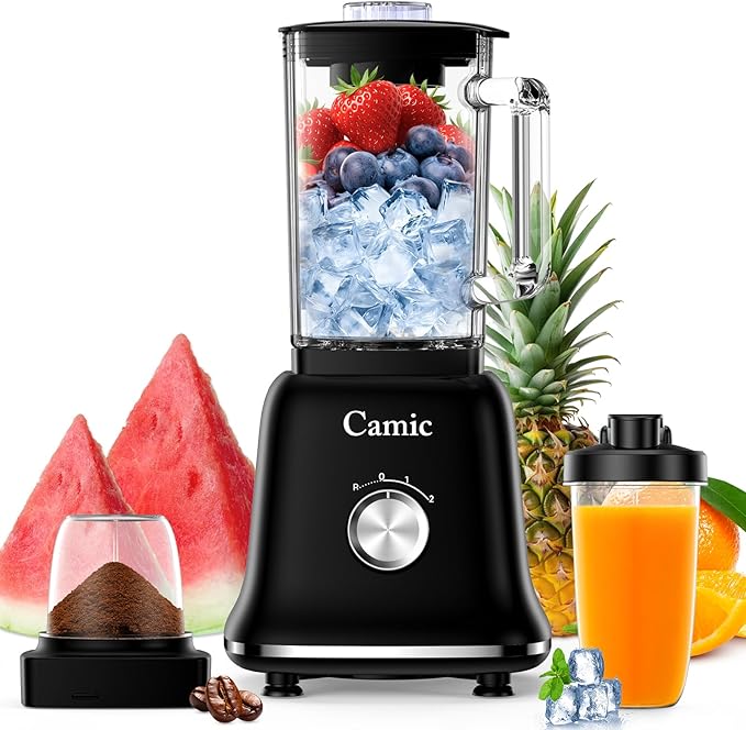 Camic 750W Professional Blender,6-Cup Glass Jar Blender for Smoothies and Shakes with 6 Sharp Stainless Steel Blades,Ice Crush Function,for Juice,Puree, Soup(OnyxBlack)