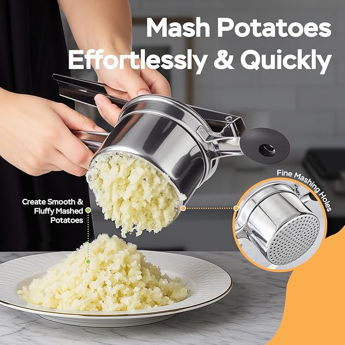 Potato Ricer and Masher Stainless Steel, Large 15 oz Heavy Duty Ricer for Mashed Potatoes, Potato Press Masher with Silicone Handle, Professional Kitchen Press Tool for Potatoes, Vegetables and Fruits