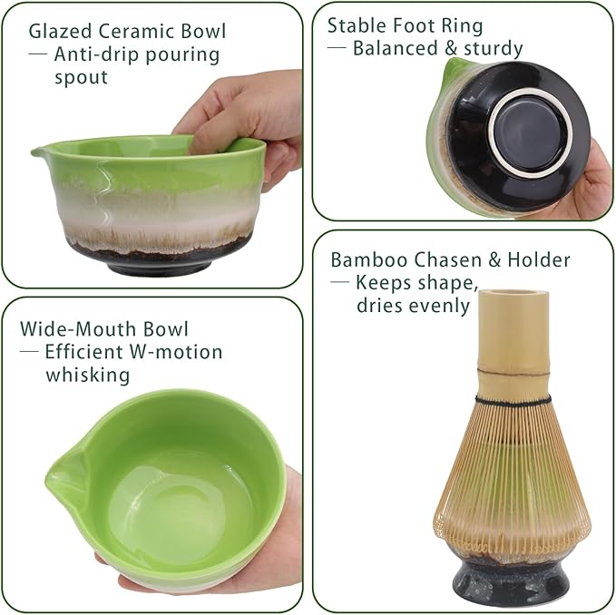 Matcha Whisk Set – 10 Pcs Matcha Set Whisk and Bowl – Ceremonial Matcha Kit, Matcha Starter Kit & Accessories – Japanese Matcha Set Gift for Tea Ceremony and Matcha Lovers (Tri-Color Glazed)
