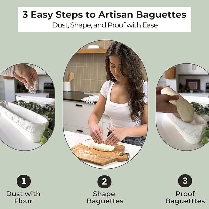 15 Inch Baguette Proofing Basket Set of 2 with Cotton Liners & Baguette Recipe eBook- Handcrafted Natural Rattan Banneton Bread Proofing Baskets for Sourdough- French Bread & Dough Rising