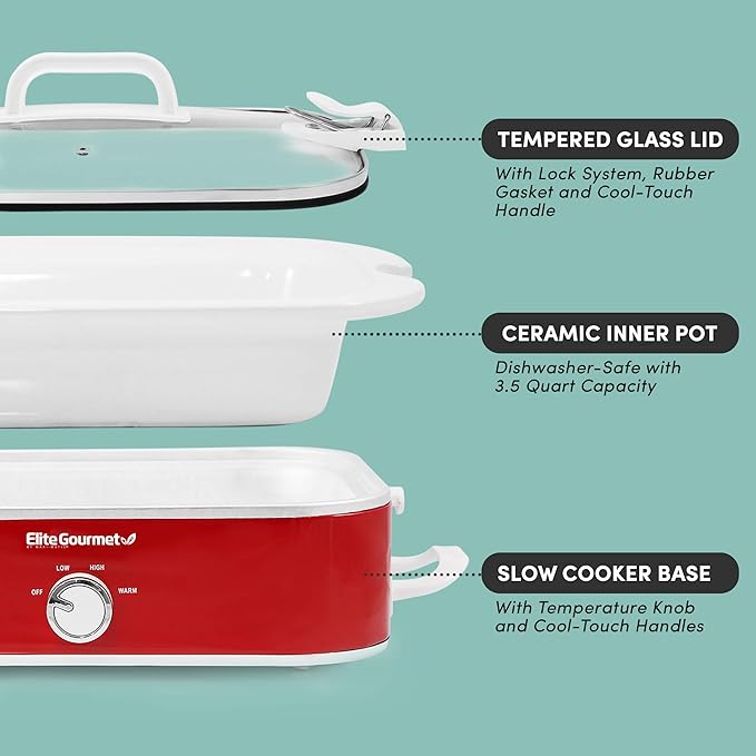 Elite Gourmet MST-5240 Casserole Crock Slow Cooker, Locking Lid Adjustable Temperature Keep Warm Oven & Dishwasher-Safe Casserole Pan, 3.5Qt Capacity, Red