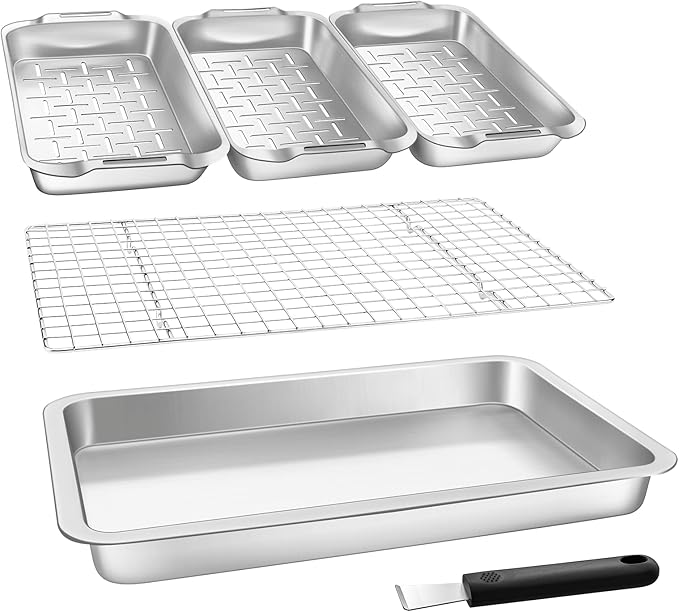 Grill Basket Set, 6-Piece Stainless Steel Large Grill Pans, 16.5" x 11" Pan, Outdoor Grill with Cooling Rack for Vegetables, Fish, Meat, Great Grilling Gifts for Men