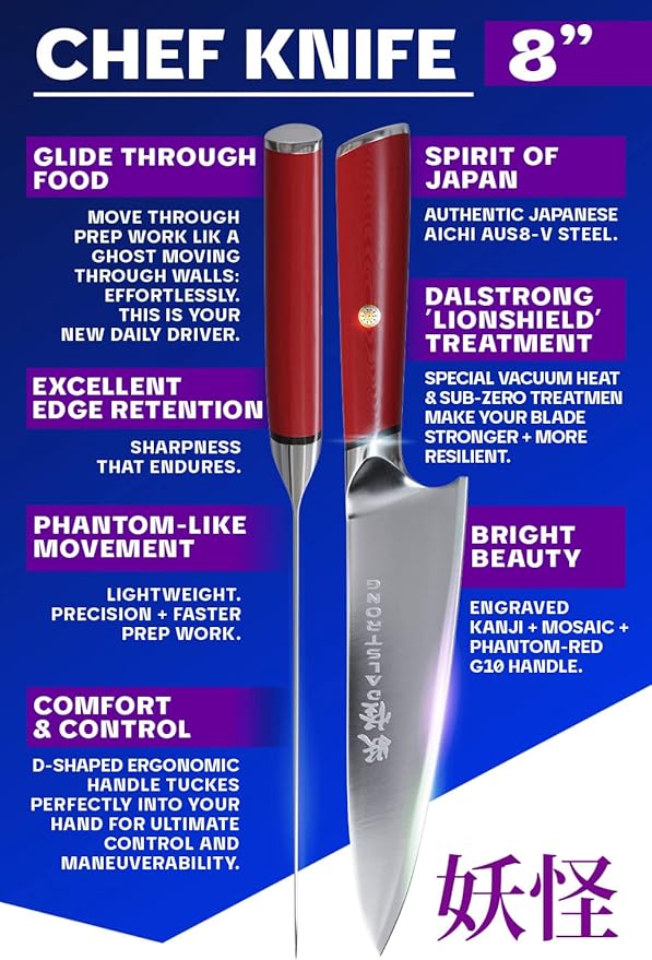 Dalstrong Chef Knife - 8 inch - Phantom Series - Japanese High-Carbon AUS8 Steel Kitchen Knife - Red G10 Handle - Cooking Knife - Kitchen Knife - w/Sheath