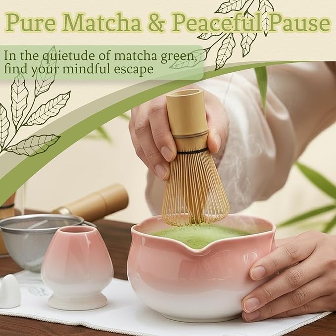 8 Pcs Red Petal Matcha Set Bowl with Spout Bamboo Chasen Sifter Spoon Scoop Whisk Holder Tea Cloth Complete Matcha Making Kit（Red）