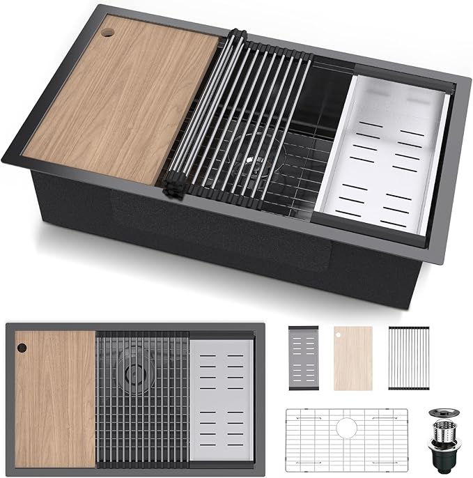 32"x19" Undermount Kitchen washbasin Cabient, 16 Gauge Single Bowl Stainless Steel, Nano Coating & Brushed Finish Matte Black Modern washbasin Workstation with Ledge and Accessories