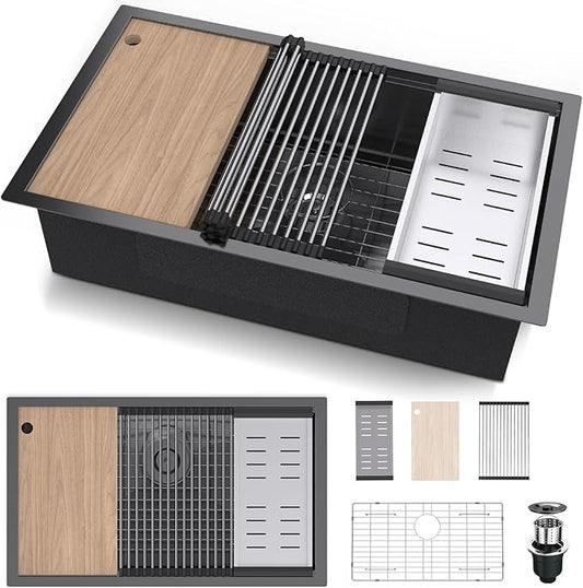 32"x19" Undermount Kitchen washbasin Cabient, 16 Gauge Single Bowl Stainless Steel, Nano Coating & Brushed Finish Matte Black Modern washbasin Workstation with Ledge and Accessories