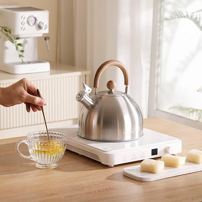 Tea Kettle, 18/8 Stainless Steel Whistling Teapot, 2.1 Quart Camping Tea Kettle for Stovetop, Water Coffee Pot with Anti-Hot Wood Handle (2L,Silver)