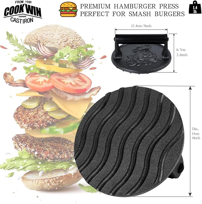 Smash Burger Press-Heavy Duty Hamburger Press with Heat Insulation Handle-6 Inch Cast Iron Burger Smasher,Bacon Press,Sandwich Press-Round Grill Press for Griddle-50 PC Burger Press Patty Paper