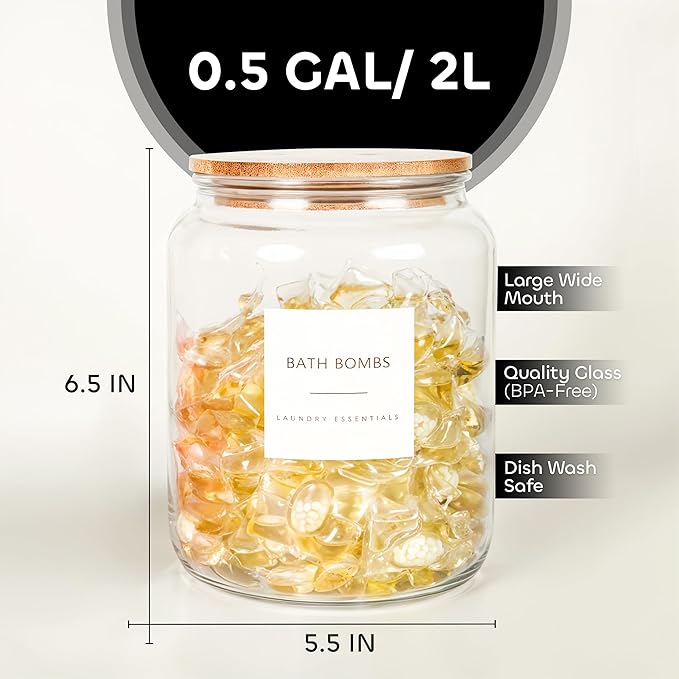 Airtight Glass Jars (2 pack 0.5 gallon each(2L)) with Bamboo Lids – Glass Storage with Wooden Scoop, Tongs, and Labels – Cabinet Storage Organization Duo for Laundry, Pantry, and Bathroom