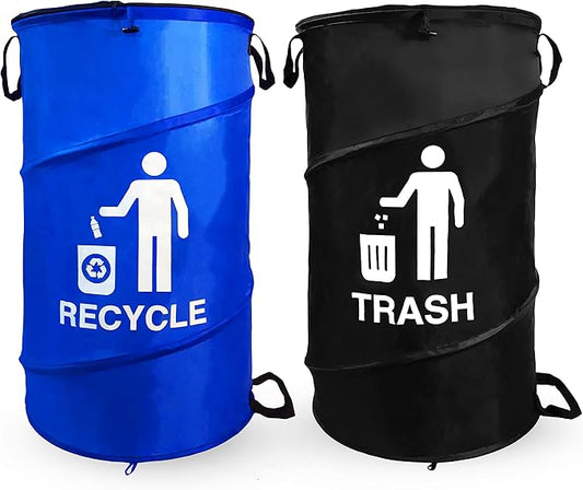 33 Gallon Capacity Large Durable Waterproof Combo pop up Recycle and Trash Collapsible Garbage containers, cans with Zipper Cover Great for Outdoor Indoor use -Camping, Party, Backyard, Beach