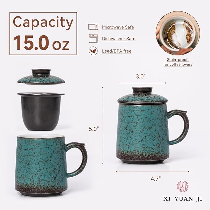 Tea Cup with Infuser and Lid 15oz - Kiln-Transformed Ceramic Mug with Peacock Glaze, Unique Loose Leaf Tea Set, Anniversary Birthday Gift
