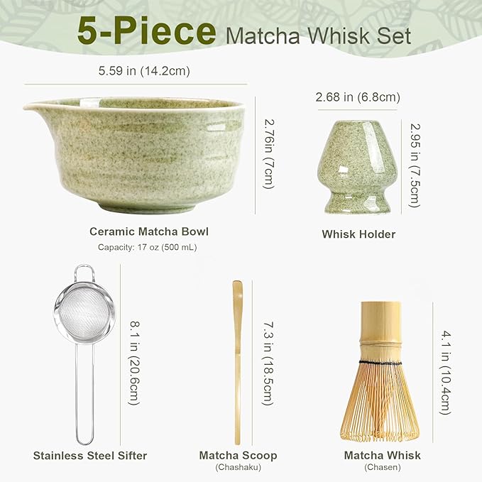 Matcha Whisk Set - 5Pcs Japanese Tea Set Includes Matcha Bowl with Spout, Bamboo Whisk with Holder, Scoop & Sifter, Essential Matcha Kit for Tea Ceremony, Gift for Beginners (Speckled Green)